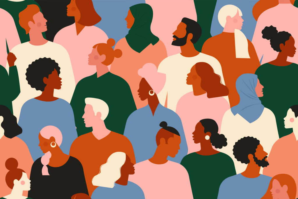 Crowd of young and elderly men and women in trendy hipster clothes. Diverse group of stylish people standing together. Society or population, social diversity. Flat cartoon vector illustration. Crowd of young and elderly men and women