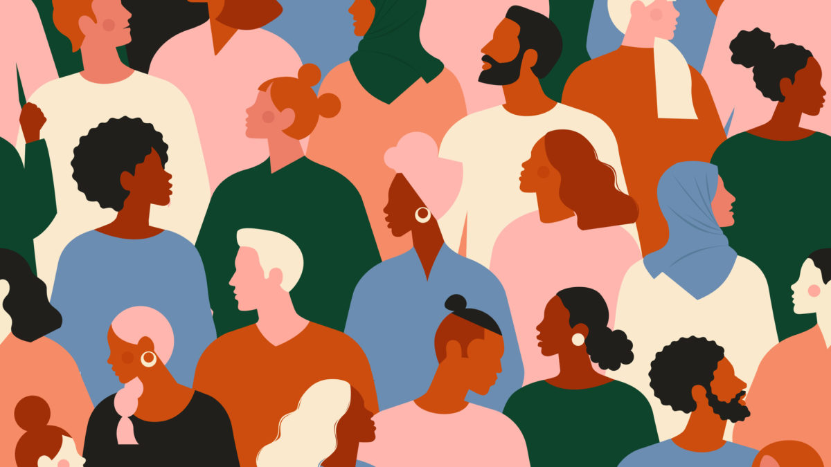 Crowd of young and elderly men and women