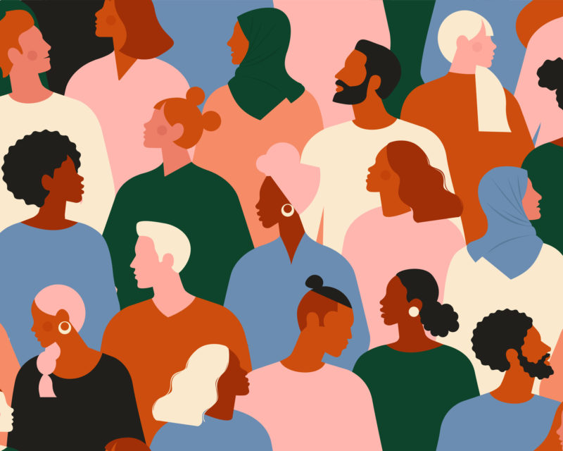 Crowd of young and elderly men and women in trendy hipster clothes. Diverse group of stylish people standing together. Society or population, social diversity. Flat cartoon vector illustration. Crowd of young and elderly men and women